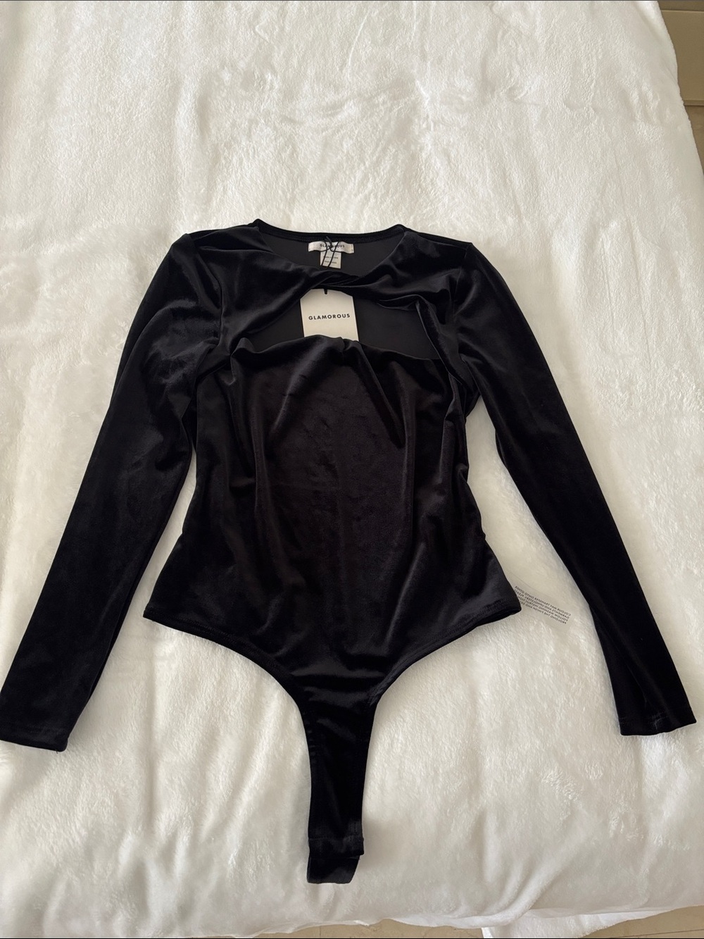 Glamorous Black Velvet Long Sleeve Thong Bodysuit